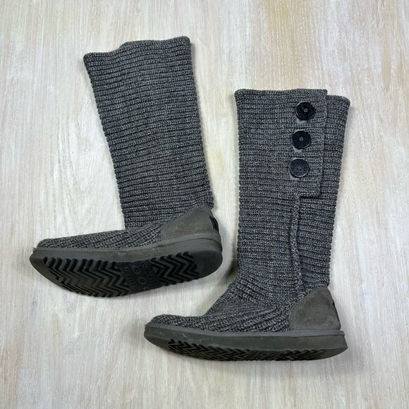 UGG Classic Cardy Gray Ribbed Knit Button Detail Sheepskin Lined Winter Boots 8 - Picture 5 of 13